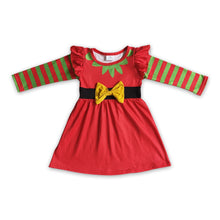 Load image into Gallery viewer, Stripe long sleeves red bow baby girls Christmas dresses