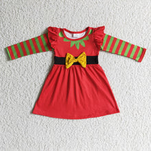 Load image into Gallery viewer, Stripe long sleeves red bow baby girls Christmas dresses
