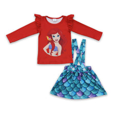 Load image into Gallery viewer, Red shirt mermaid scale suspender skirt girls clothes