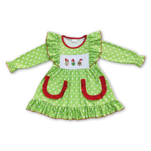 Load image into Gallery viewer, Green face polka dots pockets girls Christmas dresses