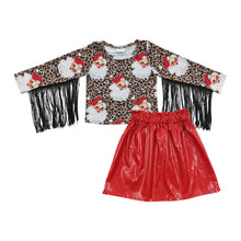 Load image into Gallery viewer, Santa leopard tassels top leather skirt girls Christmas clothes
