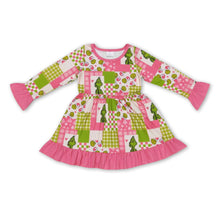 Load image into Gallery viewer, Pink green face patchwork ruffle girls Christmas dress