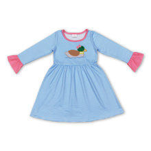Load image into Gallery viewer, Blue stripe ruffle long sleeves duck girls dresses