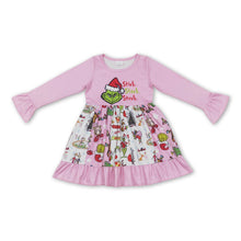 Load image into Gallery viewer, Pink green face patchwork ruffle girls Christmas dress