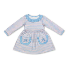 Load image into Gallery viewer, Light blue bow pockets pink stripe baby girls dresses