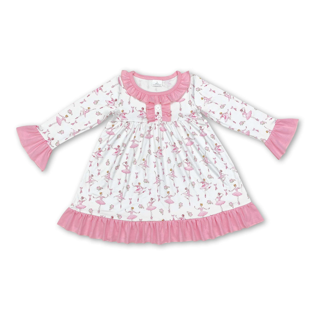 Long sleeves pink ruffle dance girls night dress
