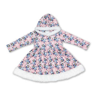 Pink dog Christmas hat kids girls hooded dresses