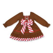 Load image into Gallery viewer, Long sleeves bow ruffle gingerbread girls Christmas dress