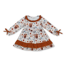 Load image into Gallery viewer, Long sleeves brown ruffle highland cow floral girls fall dress