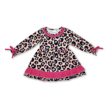 Load image into Gallery viewer, Long sleeves hot pink ruffle leopard girls dresses
