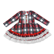 Load image into Gallery viewer, Long sleeves plaid floral ruffle girls Christmas dresses