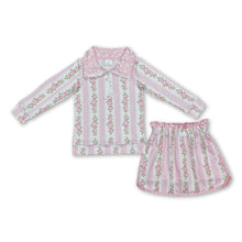 Load image into Gallery viewer, Pink stripe floral pullover skirt kids girls clothing set