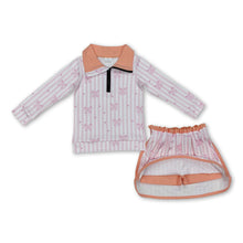 Load image into Gallery viewer, Pink stripe bow pullover skirt kids girls clothing set