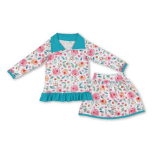 Load image into Gallery viewer, Aqua ruffle floral pullover skirt kids girls clothing set