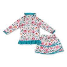 Load image into Gallery viewer, Aqua ruffle floral pullover skirt kids girls clothing set