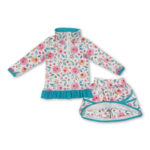 Load image into Gallery viewer, Aqua ruffle floral pullover skirt kids girls clothing set