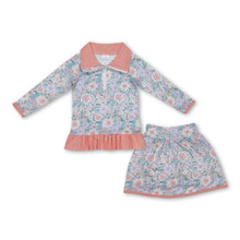 Load image into Gallery viewer, Peach ruffle floral pullover skirt kids girls clothing set