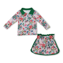 Load image into Gallery viewer, Long sleeves green floral pullover skirt girls clothing set