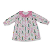 Load image into Gallery viewer, Pink ruffle long sleeves Christmas trees bow girls dress