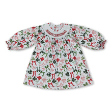 Load image into Gallery viewer, Green red bow Merry Christmas smocked girls dresses