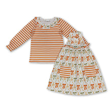 Load image into Gallery viewer, Orange stripe top bow pockets dress girls fall clothing