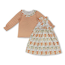 Load image into Gallery viewer, Orange stripe top bow pockets dress girls fall clothing