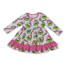 Load image into Gallery viewer, Long sleeves ruffle pink Christmas hat green face girls dresses