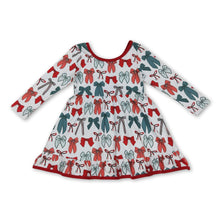 Load image into Gallery viewer, Long sleeves red green bow ruffle girls Christmas dresses