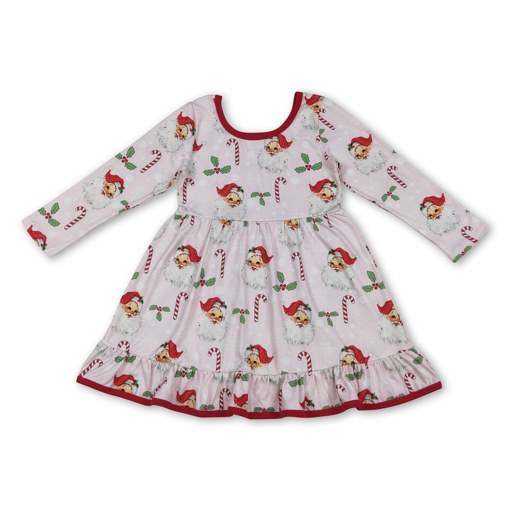 Long sleeves santa candy cane ruffle girls Christmas dresses