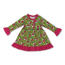 Load image into Gallery viewer, Leopard green face ruffle girls Christmas night dress