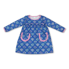 Load image into Gallery viewer, Long sleeves blue floral pockets baby girls dresses