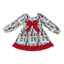 Load image into Gallery viewer, Red bow long sleeves green face ruffle girls Christmas dress