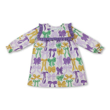Load image into Gallery viewer, Purple green yellow bows ruffle girls Mardi Gras dresses