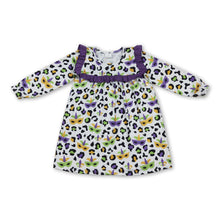Load image into Gallery viewer, Long sleeves purple ruffle leopard girls Mardi Gras dresses