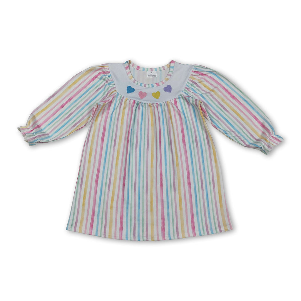 Long sleeves colorful stripe heart girls Valentine's dress