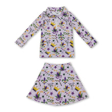 Load image into Gallery viewer, Purple stripe crown pullover skirt girls Mardi Gras active set