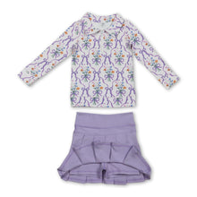 Load image into Gallery viewer, Floral lavender bow pleated skirt girls yoga activewear set