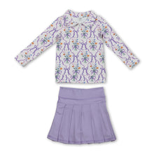 Load image into Gallery viewer, Floral lavender bow pleated skirt girls yoga activewear set