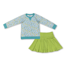 Load image into Gallery viewer, Floral top green pleated skirt girls yoga activewear set