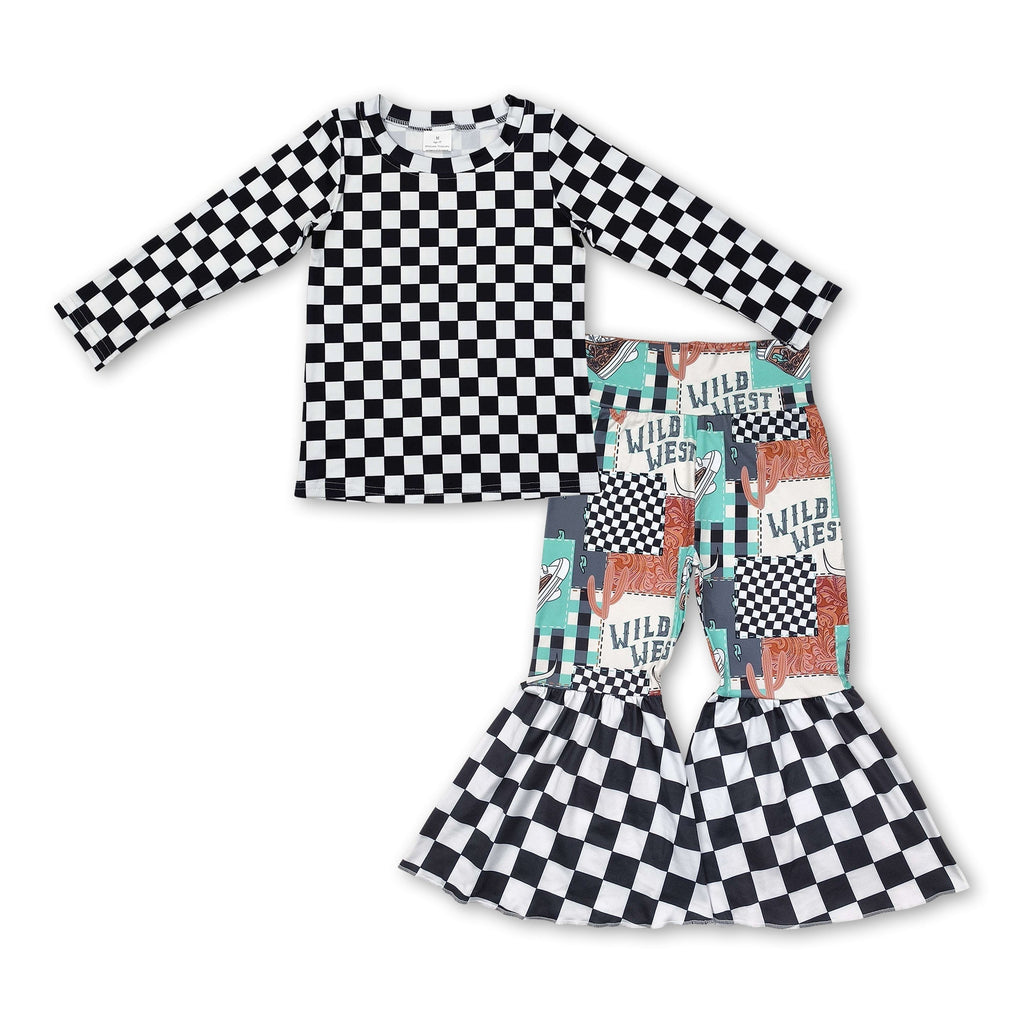 Black plaid top wild west cactus bell bottom pants girls clothes