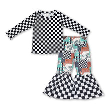 Load image into Gallery viewer, Black plaid top wild west cactus bell bottom pants girls clothes