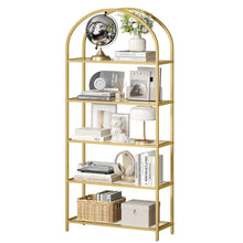 Load image into Gallery viewer, Modern Gold Metal Arched Top Display Rack Bookcase with 5 Glass Storage Shelves