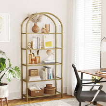 Load image into Gallery viewer, Modern Gold Metal Arched Top Display Rack Bookcase with 5 Glass Storage Shelves