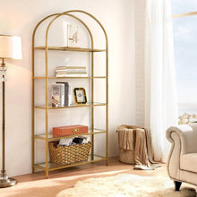 Load image into Gallery viewer, Modern Gold Metal Arched Top Display Rack Bookcase with 5 Glass Storage Shelves