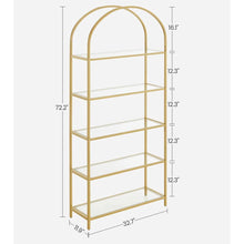 Load image into Gallery viewer, Modern Gold Metal Arched Top Display Rack Bookcase with 5 Glass Storage Shelves