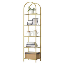 Load image into Gallery viewer, Arched Top Gold Metal Display Rack Narrow Bookcase with 5 Glass Storage Shelves