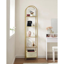 Load image into Gallery viewer, Arched Top Gold Metal Display Rack Narrow Bookcase with 5 Glass Storage Shelves