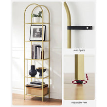 Load image into Gallery viewer, Arched Top Gold Metal Display Rack Narrow Bookcase with 5 Glass Storage Shelves