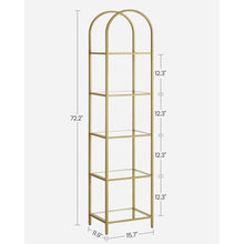 Load image into Gallery viewer, Arched Top Gold Metal Display Rack Narrow Bookcase with 5 Glass Storage Shelves