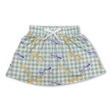 Load image into Gallery viewer, Yellow purple bow green plaid girls mardi gras skirt